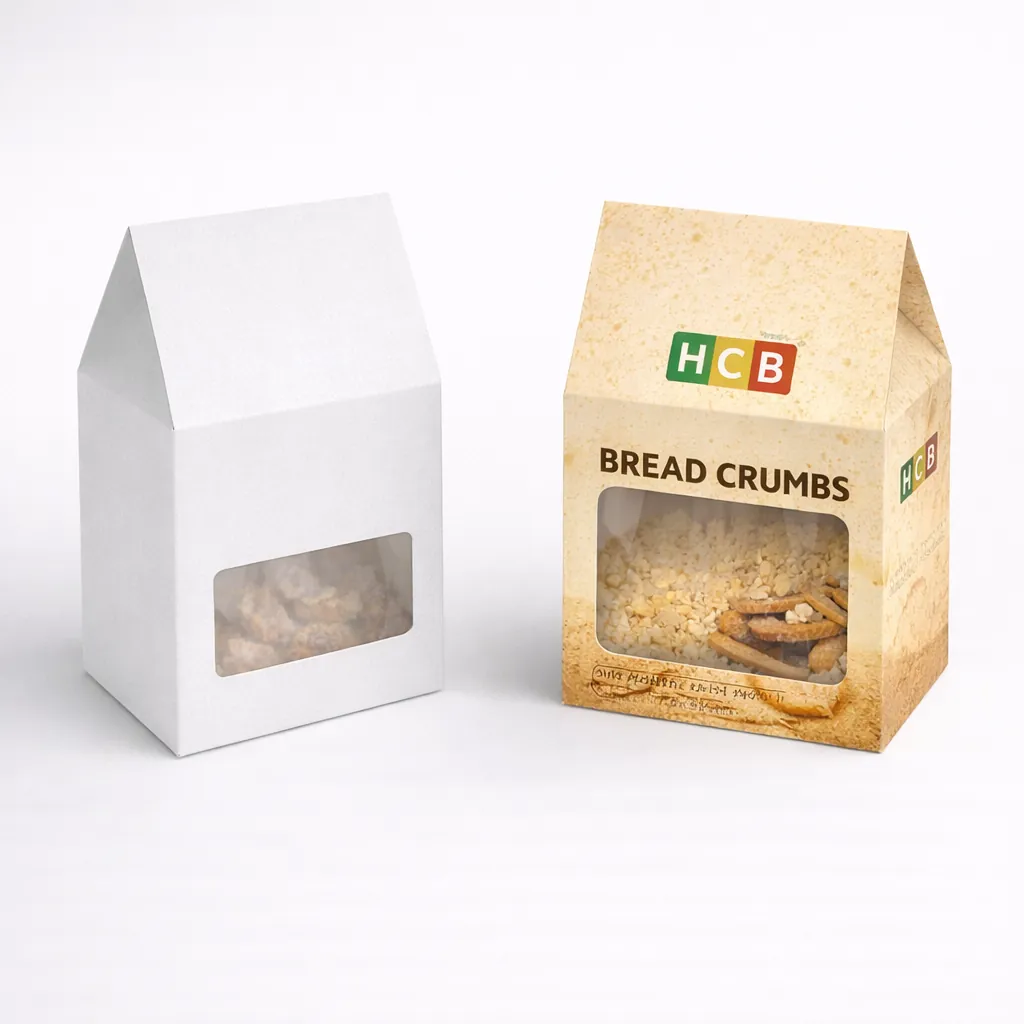 A white gable box and a tan branded box with a window showcasing panko-style breadcrumbs inside. class=
